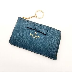 Kate Spade New York Bow Keychain Card Holder Wallet Turquoise Leather NWOT